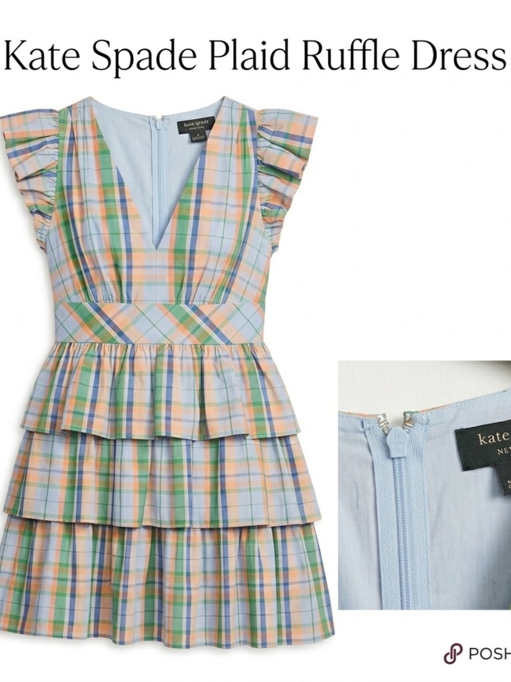 Kate Spade Pastel Plaid Tiered Ruffle Dress in Blue, Peach, Green Size 4 - Picture 3 of 13